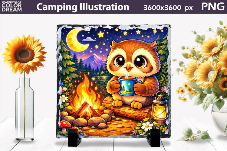 Cute Owl Camping Illustration | Night Camp Sublimation