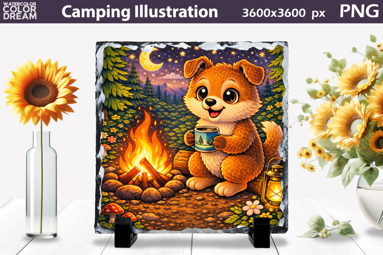 Cute Dog Camping Illustration | Night Camp Sublimation
