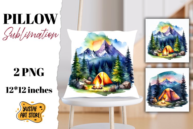 Camping pillow sublimation. Watercolor camping