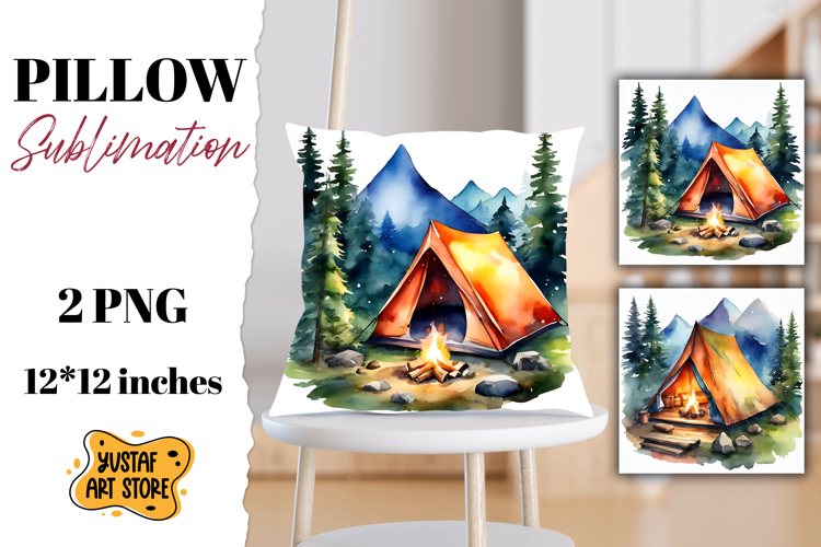 Camping pillow sublimation. Watercolor camping