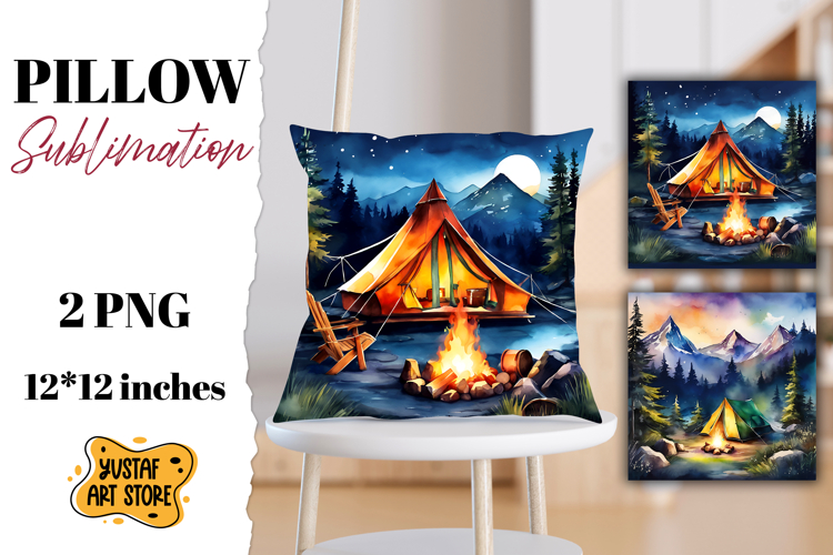 Camping pillow sublimation. Watercolor camping