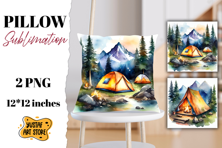 Camping pillow sublimation. Watercolor camping