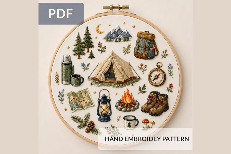 Camping Hand Embroidery Pattern PDF Outdoor Adventure Nature example image 1