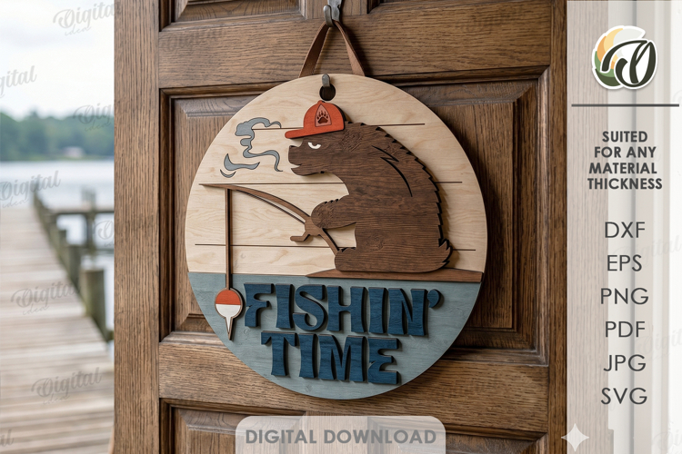 3D Camping Round Sign Laser Cut. Fishin Time SVG
