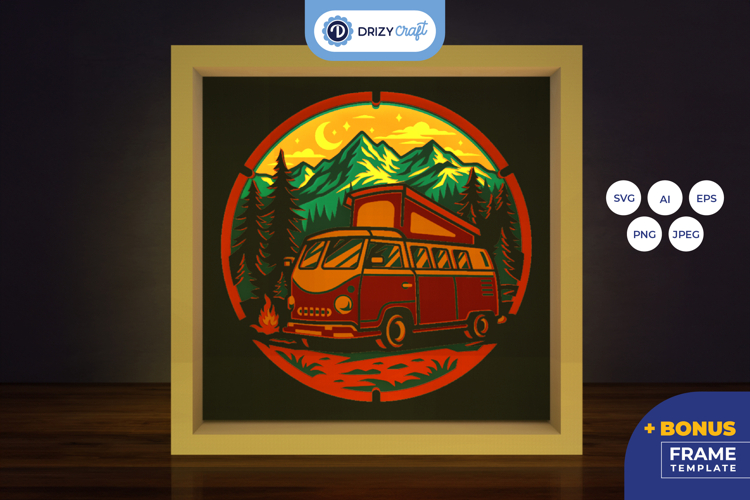 Camping Van with Campfire 3D Shadow Box - Campfire 3D SVG