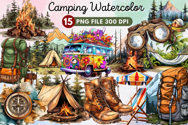 Camping Watercolor Collection Clipart Bundle