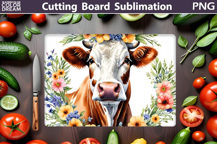Cow Floral Cutting Board | Farm Cow Glasses Cutting Board example image 1