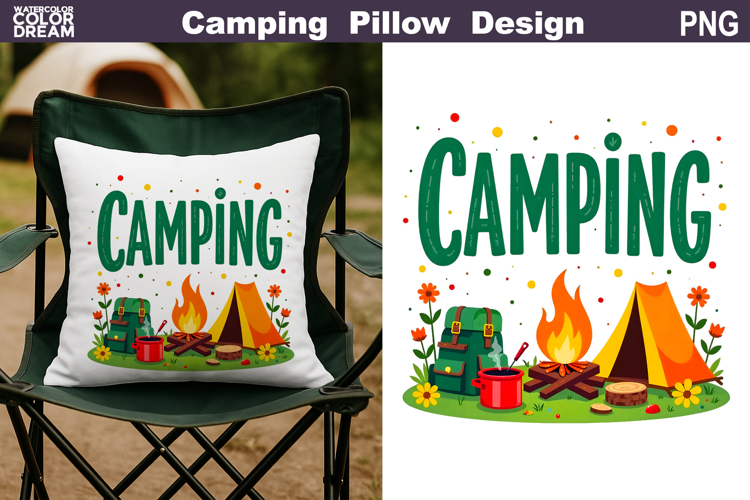 Camping Pillow Sublimation | Tent Fire Lantern Clipart