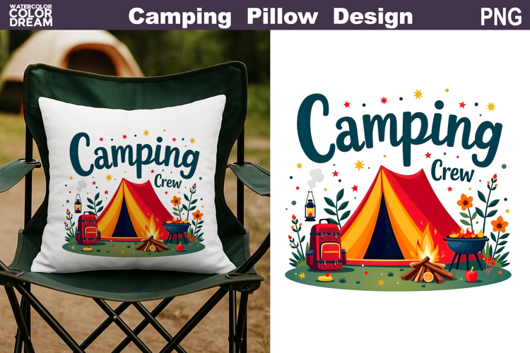 Camping Crew Pillow Sublimation | Tent Fire Lantern Clipart