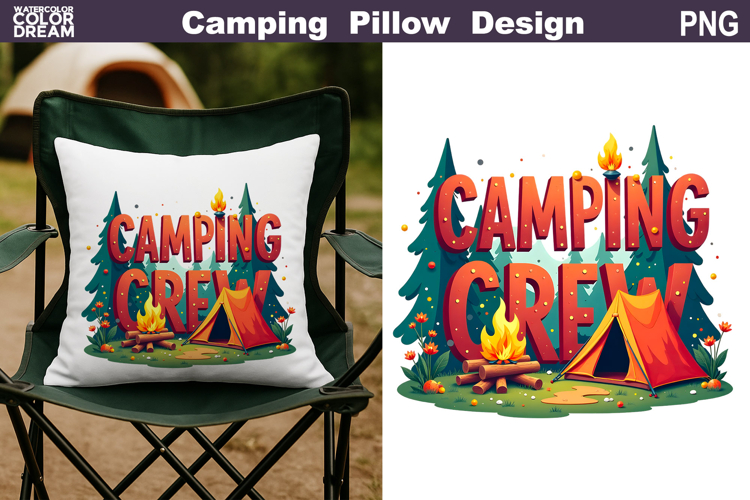 Camping Crew Pillow Sublimation | Tent Fire Lantern Clipart