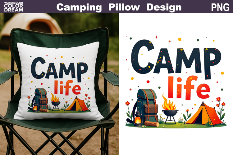 Camp Life Pillow Sublimation | Tent Fire Lantern Clipart