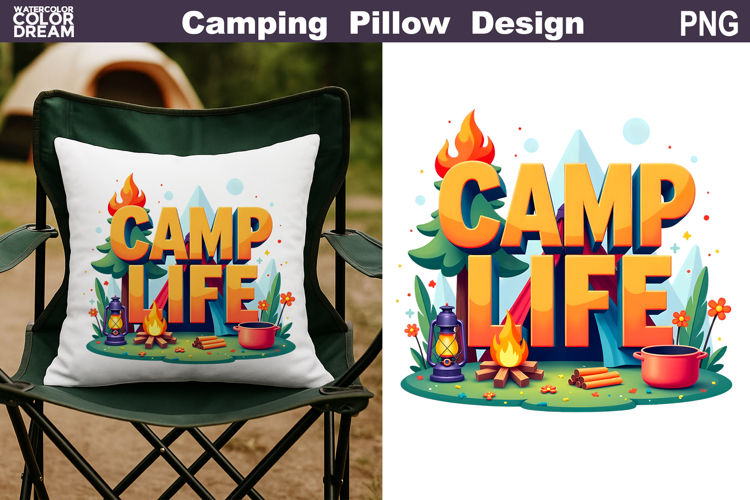 Camp Life Pillow Sublimation | Tent Fire Lantern Clipart