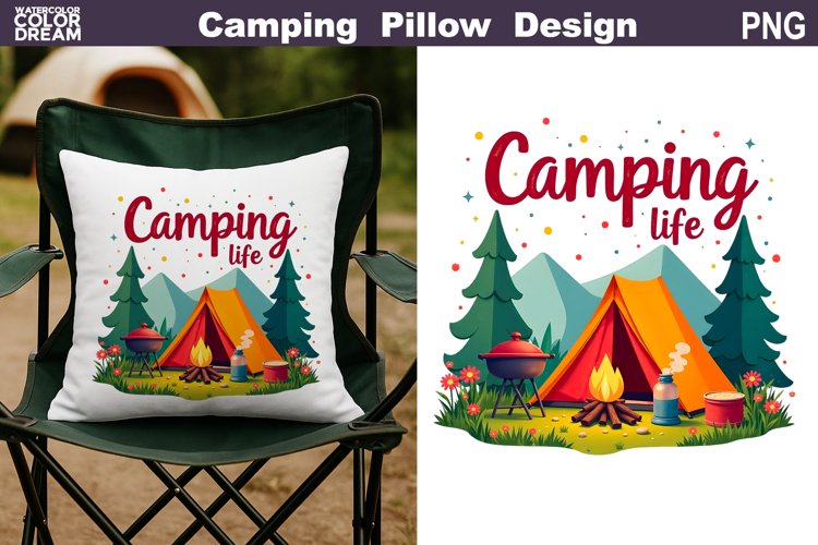 Camp Life Pillow Sublimation | Tent Fire Lantern Clipart