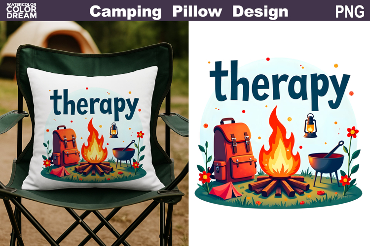 Camp Therapy Pillow Sublimation | Tent Fire Lantern Clipart