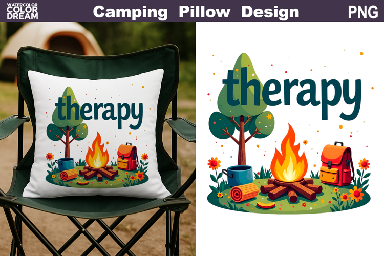 Camp Therapy Pillow Sublimation | Tent Fire Lantern Clipart