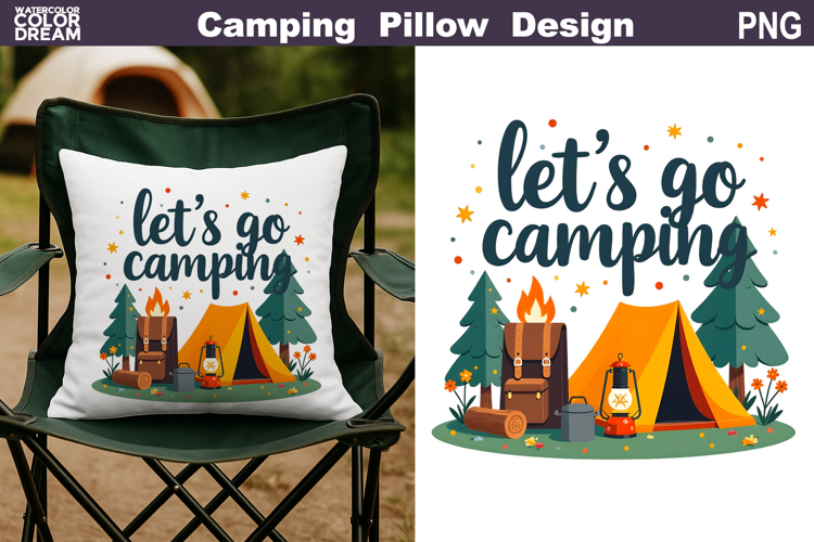 Lets Go Camping Pillow Sublimation | Tent Fire Lantern
