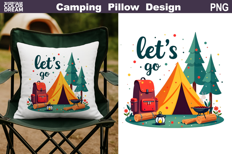 Lets Go Camping Pillow Sublimation | Tent Fire Lantern