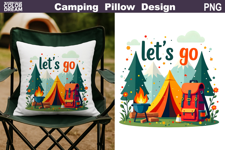 Lets Go Camping Pillow Sublimation | Tent Fire Lantern