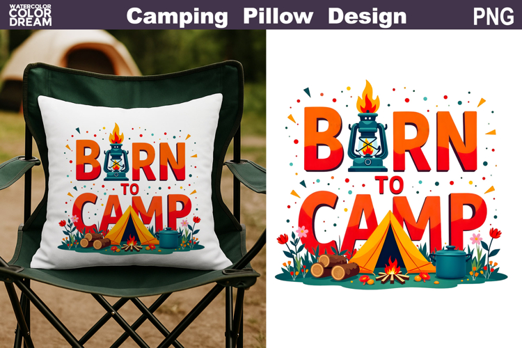 Born To Camp Pillow Sublimation | Tent Fire Lantern