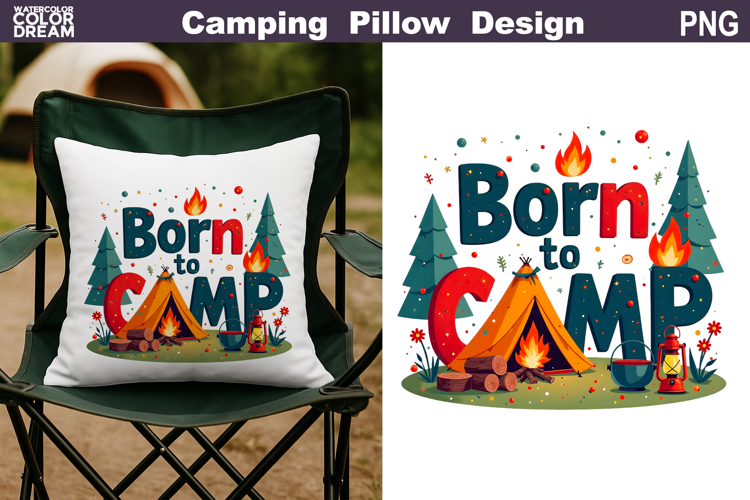 Born To Camp Pillow Sublimation | Tent Fire Lantern