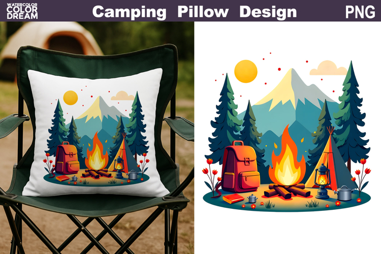Camping Pillow Sublimation | Tent Fire Lantern Clipart