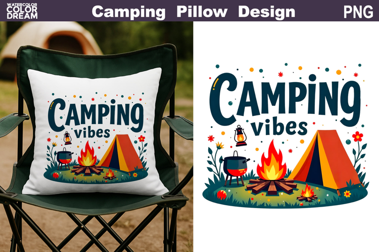 Camping Vibes Pillow Sublimation | Tent Fire Lantern Clipart