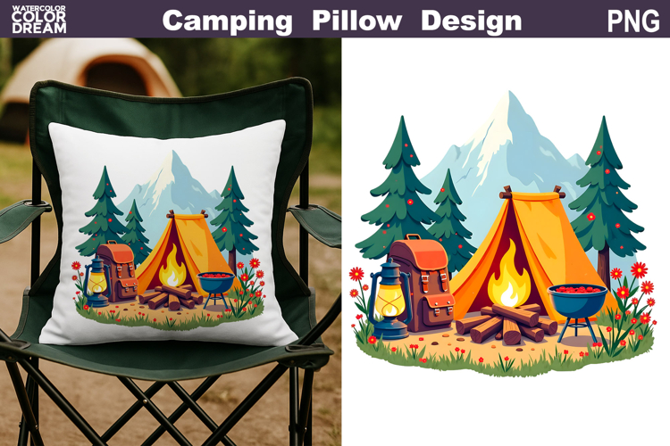 Camping Pillow Sublimation | Tent Fire Lantern Clipart