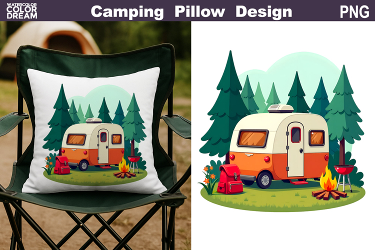 Camping Trailer Pillow Sublimation | Camper Fire Forest PNG