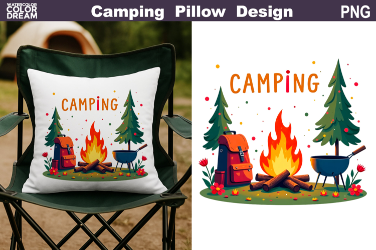 Camping Pillow Sublimation | Tent Fire Lantern Clipart