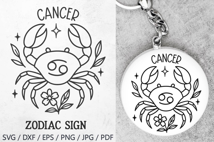 Cancer Zodiac Sign SVG – cute cancer illustration with floral details and stars. Perfect for astrology t-shirts, mugs, tote bags, keychains, zodiac stickers, planners, posters, invitations, horoscope crafts, and birthday gifts.