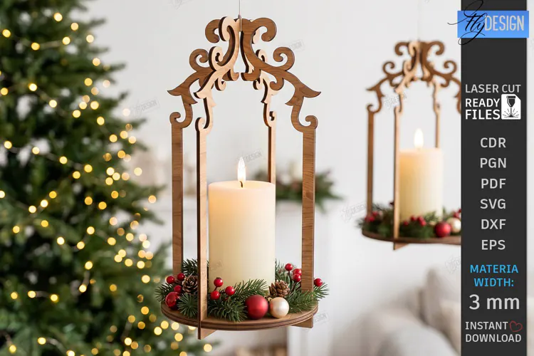 Wooden Hanging Candle Holder Laser Cut | Christmas Lantern