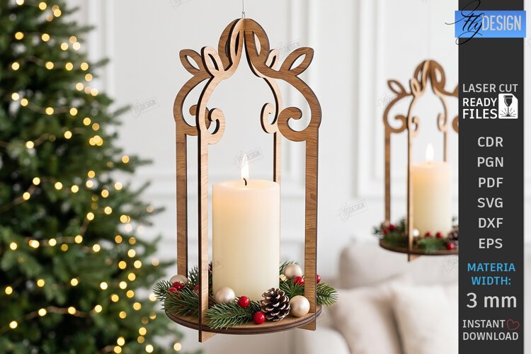 Wooden Hanging Candle Holder Laser Cut | Christmas Lantern example image 1