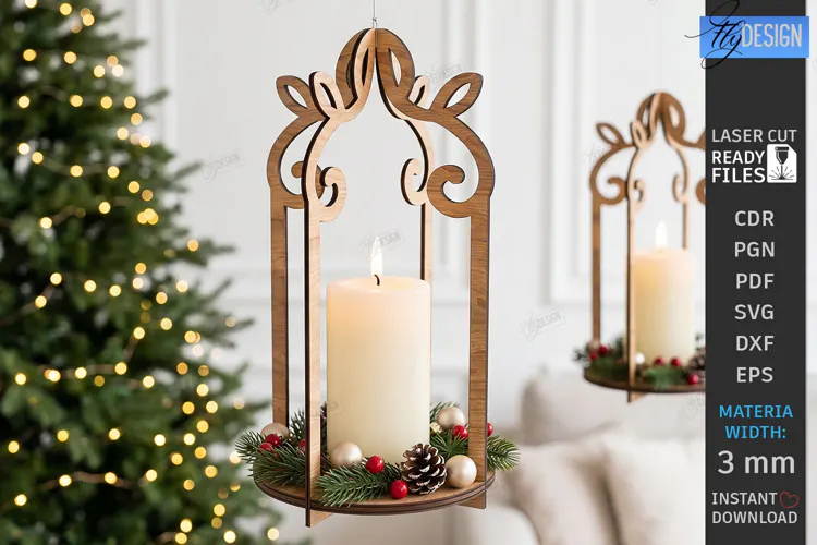 Wooden Hanging Candle Holder Laser Cut | Christmas Lantern