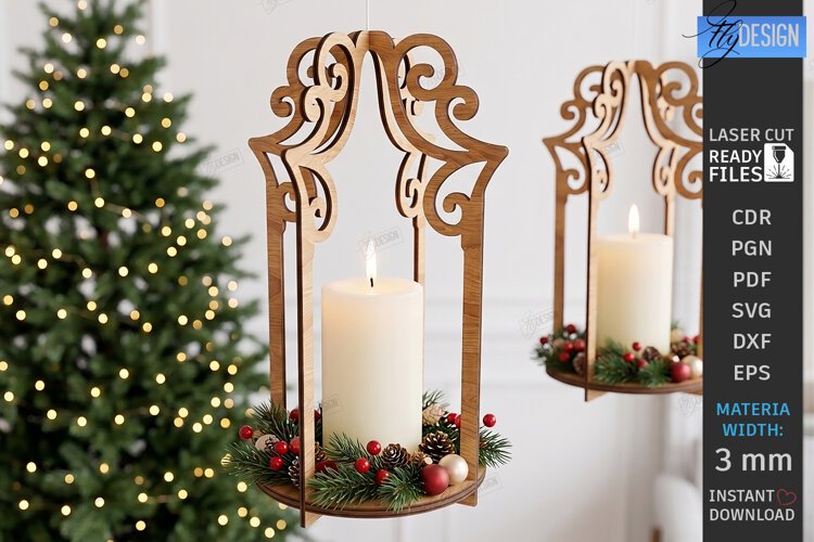 Wooden Hanging Candle Holder Laser Cut | Christmas Lantern example image 1