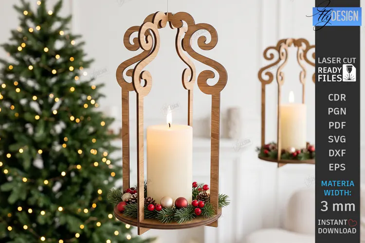 Wooden Hanging Candle Holder Laser Cut | Christmas Lantern