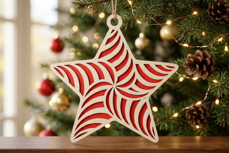 Candy Cane Christmas Star SVG Swirls Wood Red Ornament example image 1