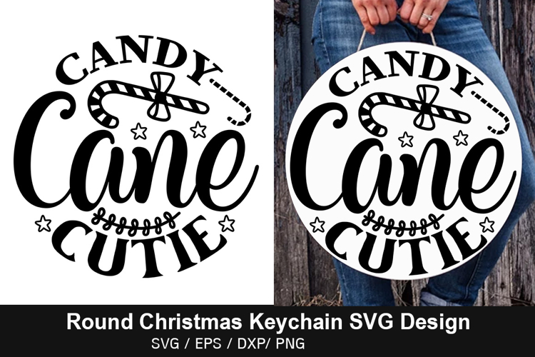 Candy Cane Cutie SVG - Round Christmas Keychain Design