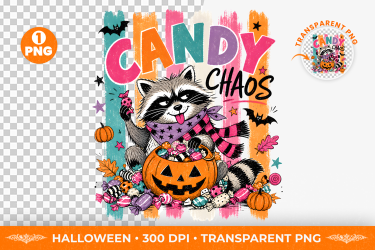 Candy Chaos Raccoon Brushstroke Halloween T-Shirt Design PNG