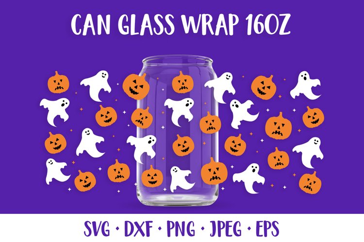 Halloween Can Glass Wrap SVG. Pumpkins and Ghosts Glass Can