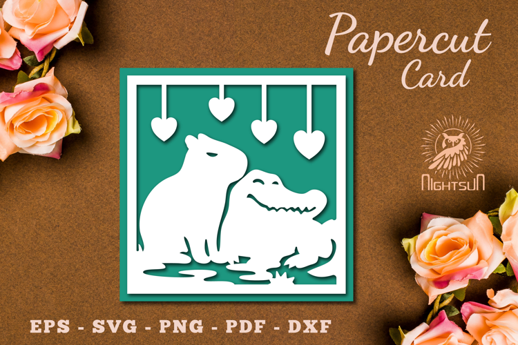Capybara Love Crocodile Paper Cutting Card SVG