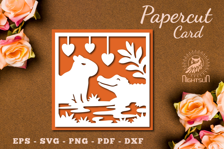 Capybara Love Crocodile Paper Cutting Card SVG
