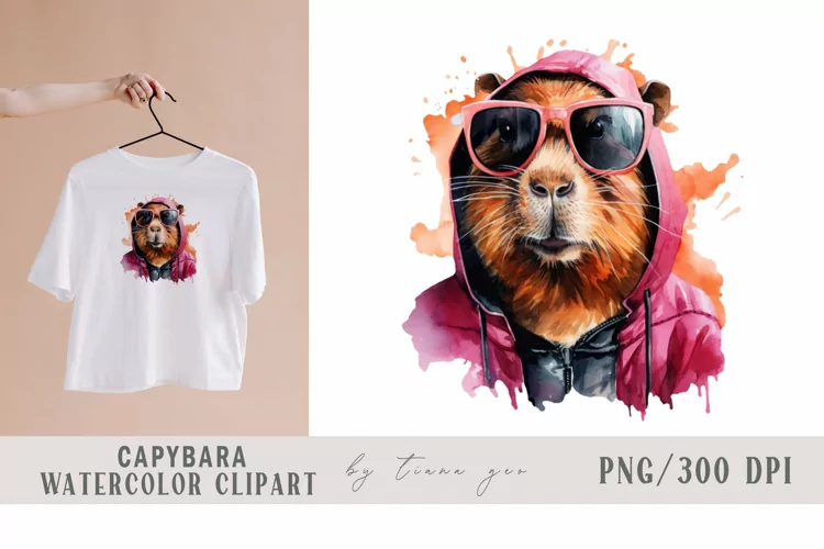 Cute watercolor capybara in sunglasses clipart- 1 png file
