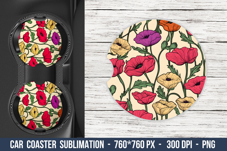 Poppy Flower Pattern Car Coaster | Car Coaster Sublimation