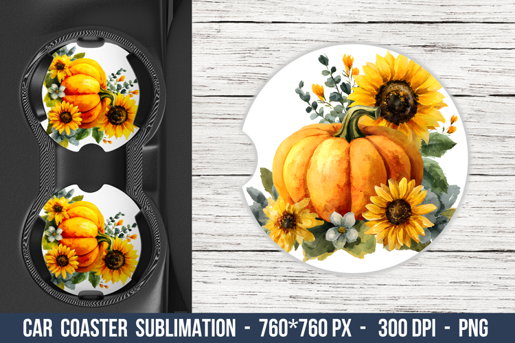 Watercolor Sunflower Pumpkin Car Coaster | Car Coaster Png