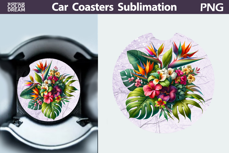 Tropical Flowers Car Coaster | Flowers Round Coaster
