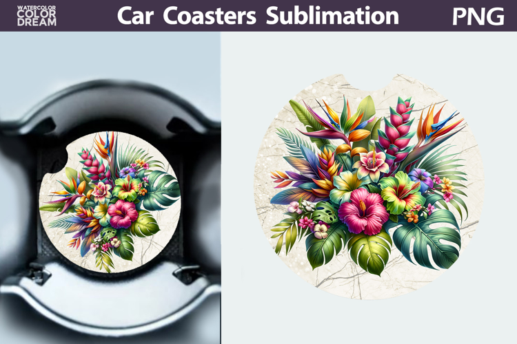 Tropical Flowers Car Coaster | Flowers Round Coaster