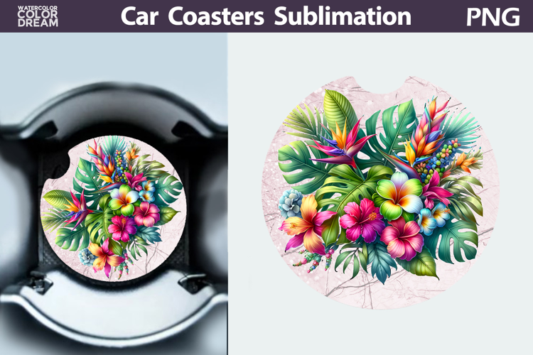 Tropical Flowers Car Coaster | Flowers Round Coaster