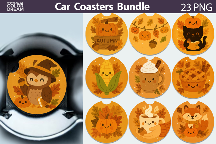 Cozy Fall Pumpkin Car Coaster Bundle | Autumn Sublimation