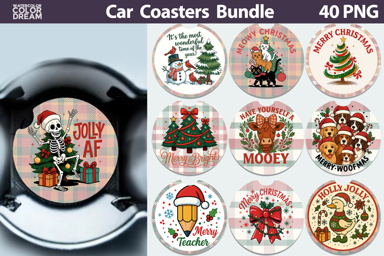 Christmas Car Coaster Bundle | Christmas Quote Round Coaster