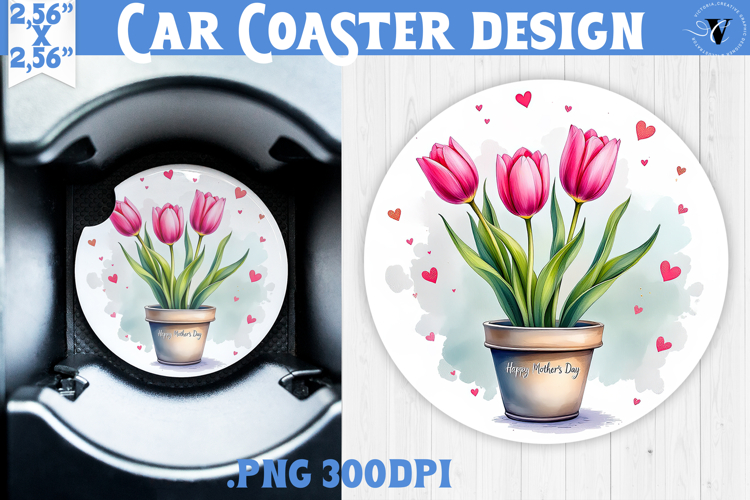 Car Coaster | Flowers in Pot | Happy Mothers day